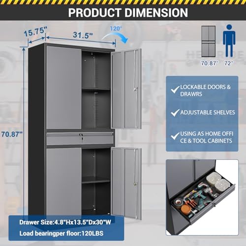 Fesbos 71" Metal Cabinet-Black&Gray Heavy Duty Storage File Cabinet Steel Tool Cabinets with Shelves, Lockable Doors and Drawers- for Garage, Pantry, Warehouse - Assembly Required - Image 2
