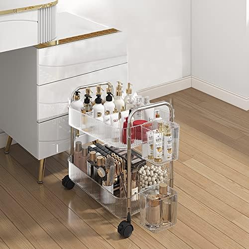 2-Tier Utility Rolling Cart Storage Organizer Sofa Side Table with Wheels, Under Desk Mobile Trolley Organizer with Handle and 2 Hanging Baskets for Office Home Kitchen Organization, Transparent by MelodyHouse