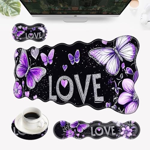 Desk Mat, Mouse Pad with Wrist Rest, 4-in-1 Large Mouse Pads for Desk, Ergonomic Mouse Pad and Keyboard Wrist Rest Gaming Keyboard Mat for Office,Heart Butterfly by EFGWSDER