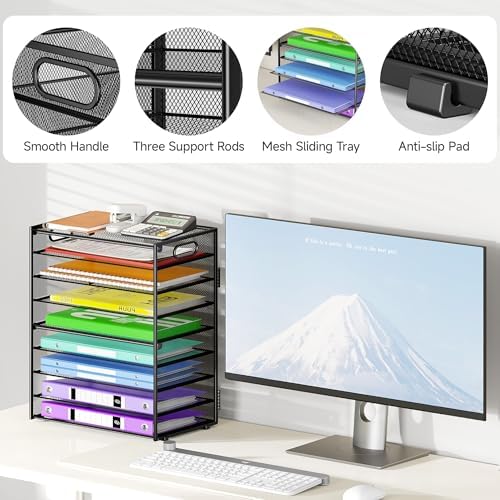 Cawukege 9 Tier Paper Organizer with Handle, Black Large Capacity Desk Organizer Mesh File Folder Letter Paper Tray Desktop Document Sorter for Classroom, School, and Office Accessories Organization - Image 4