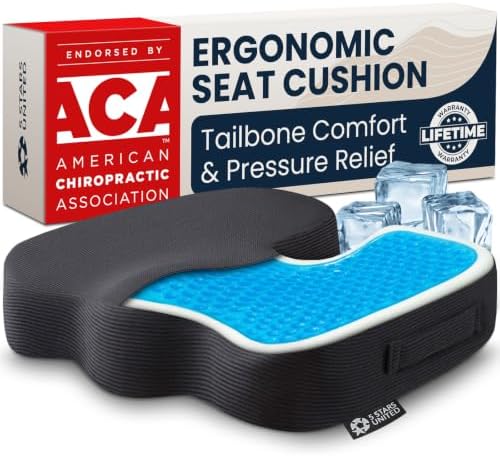 5 STARS UNITED Seat Cushion - Memory Foam & Cooling Gel - Chair Cushion for Tailbone Pain Relief - Ergonomic Support for Coccyx, Sciatica & Butt - Office, Desk & Gaming Chair, Car, Wheelchair, Black by 5STARSUNITED