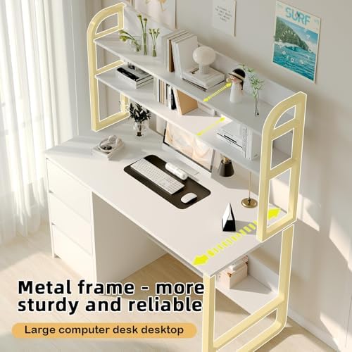 MaverickFurni White Desk with Hutch, 47 Inch Computer Desk with 3 Drawers for Bedroom, Study Writing Desk with Shelves for Small Spaces, Adjustable Feet - Image 4