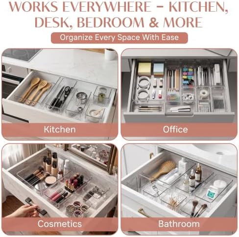 ZANORA 25 PCS Clear Plastic Drawer Organizer Set, Drawer Dividers Organizers with 4 Sizes Storage Trays, Bathroom Drawer Organizers Makeup, Vanity Drawer Organizer, Desk & Kitchen Storage Bins - Image 5