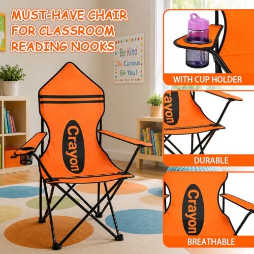 School Classroom Folding Chair, Orange Crayon Design Portable Seat with Armrests and Cup Holder, Carry Bag Chair for Reading Area, Learning Center, Back to School - Image 4