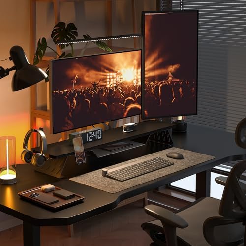 Fenge Dual Monitor Stand, Wooden Desk Shelf with Headphone & Phone Holder - Image 5