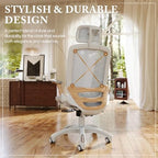 GABRYLLY Ergonomic Office Chair, High Back Home Desk Chair with Flip-Up Arms, Headrest, 90-120° Tilt and Wide Cushion, 300LBS White Mesh Chair for Work Gaming Study (GY01-NT, Woodgrain Pattern) - Image 6