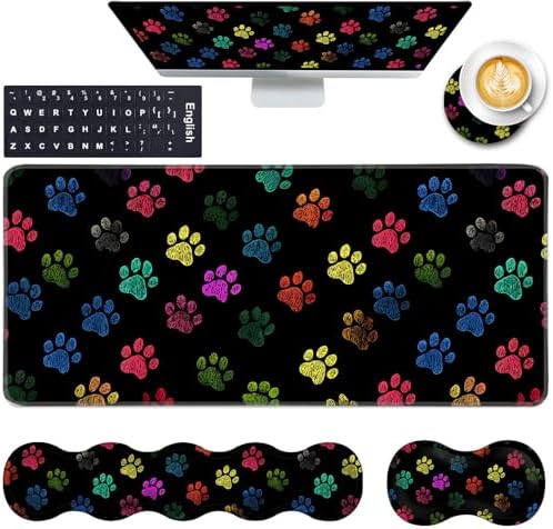 Keyboard Wrist Rest and Mouse Pad with Wrist Support Set Ergonomic Coaster,Memory Foam,Easy Typing Pain Relief,Large XL Desk Mat 31.5"x 11.8",Colorful Paw Prints by CICPLKSE