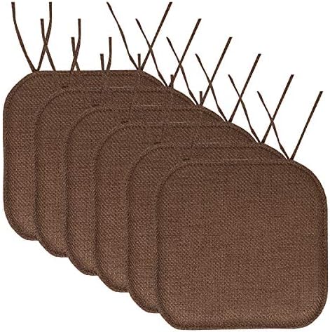 Chair Cushion Memory Foam Pads with Ties Honeycomb Pattern Slip Non Skid Rubber Back Rounded Square 16" x 16" Seat Cover, Herringbone Brown, 6 Count (Pack of 1) by SweetHomeCollection