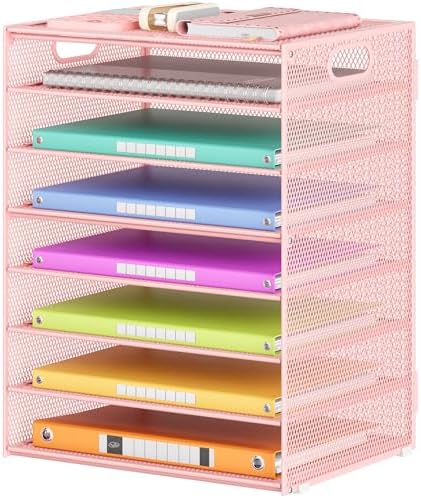 Lavatino 8-Tier Letter Tray Desk Paper Organizer, Mesh File Sorter Tray Organizer for Desk Office Supplies & Home Organization, Fits A4 Paper, Mail, Magazines and Office Accessories (Pink with Handle) by Lavatino