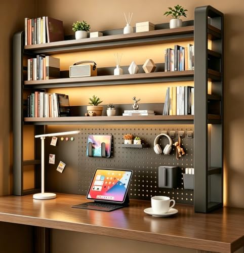 Desk Shelf Organizer with Pegboard & Storage Accessories, 2-Tier Desk Hutch Desktop Storage Rack, Desk Shelf for Office and Home Office Black Frame/Walnut Board (4-Tier) 37.4"×9.8"×48.5" by Unknown