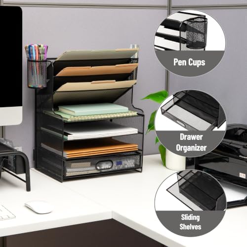 Mind Reader Mesh Desk Organizer, 6 Compartments, 1 Drawer, 2 Pen Cups, Office Desktop Organizer, Metal Mesh, Black - Image 4