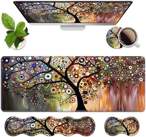 4 in 1 Ergonomic Memory Foam Mouse Pad Wrist Rest Set, Large XXL Gaming Desk Pad + Keyboard Wrist Rest + Mouse Wrist Cushion + Coaster for Home Office Study Gaming, Tree of Life by Unknown