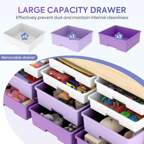 TOOLF 12 Drawers Storage Cabinet with Wooden Top and Plastic Bins,Purple - Image 5