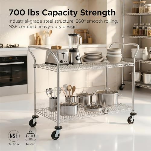 Finnhomy 2-Tier Commercial Grade Rolling Cart, Heavy Duty Utility Cart, Carts with Wheels and Handles, Kitchen Cart on Wheels, Metal Serving Cart with 700 lbs Capacity, Shelf Size 24" D x 48" W, NSF - Image 3