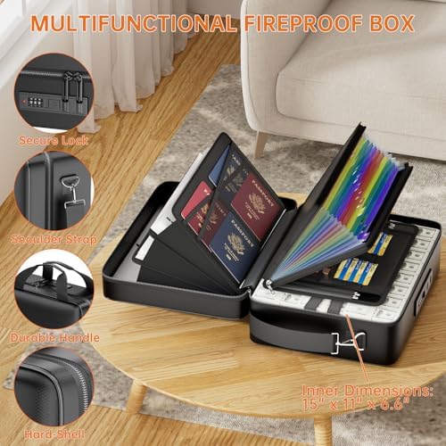 ENGPOW Fireproof Document Box with Lock & 13 Pockets Accordion File Folder - Image 5