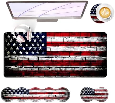 Large Keyboard Mouse Pad Set, Extended Mouse Pad+Keyboard Wrist Rest Support, Memory Foam Ergonomic Easy Typing, 4Pcs (31.5×11.8 in) Desk Pad Set for Office Home,American Flag on Brick Wall by Unknown