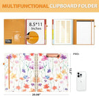 Ospelelf Clipboard with Storage for Women, Leather Padfolio Portfolio Organizer 5 Folders with 10 Pockets, Spiral Clipboard Folio with Notepad for Letter Size, Elastic Closure and Pen Loop Flowers - Image 2