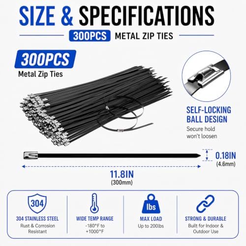 300PCS 11.8" Black 304 Metal Zip Ties,200LB Self-Locking Cable Ties - Image 2