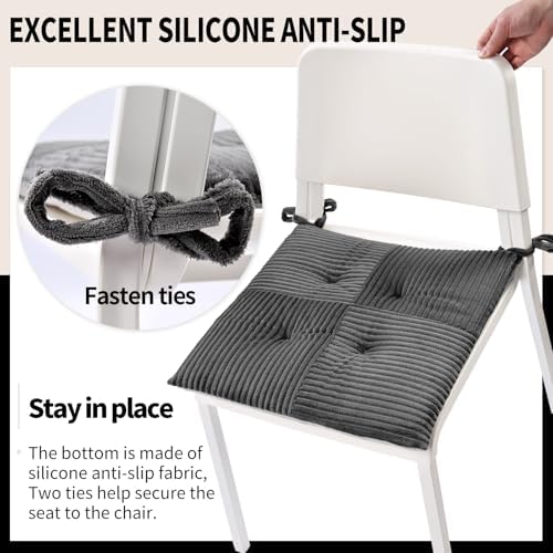 Office Stacking Chair Cushions 4 Pack, Corduroy High Density Foam Kitchen Seat Cushions with Ties, Square 17" x 17" Indoor Non-Slip Dining Chair Pads, Grey，4pcs - Image 5