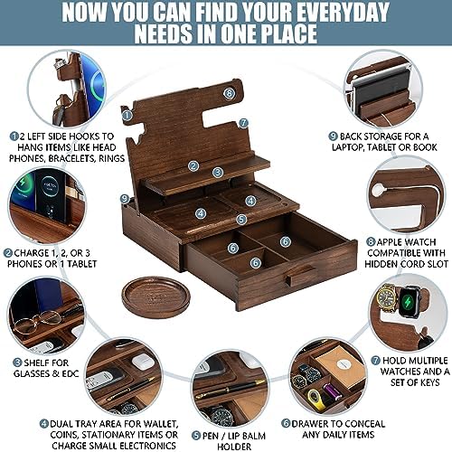 Wood Phone Docking Station for up to 3 Phones - Nightstand Organizer with Drawer for Valuables for Men & Women, Compatible with Apple Watch, Holds Phones, Tablets, Keys, Rings, Glasses, Watches & EDC - Image 2