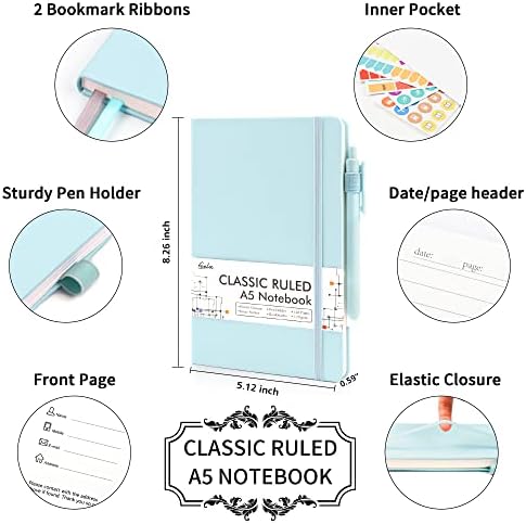 feela 5 Pack Notebooks Journals Bulk, Hardcover Notebook Classic Ruled Lined Journals with Pen Holder for Women Girls School Business Supplies, with 5 Black Pens, 120 GSM, 5.1”x8.3”, A5,Sky Blue - Image 2