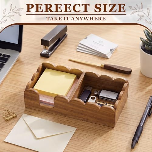 Threehoney Scalloped Acacia Wood Sticky Note Holder, 3x3 Wooden Sticky Notes Organizer for Note Pads, Paper Clip Storage, Decorative Post & Memo Pads Holder for Office, Home, Teacher Gift - Image 5