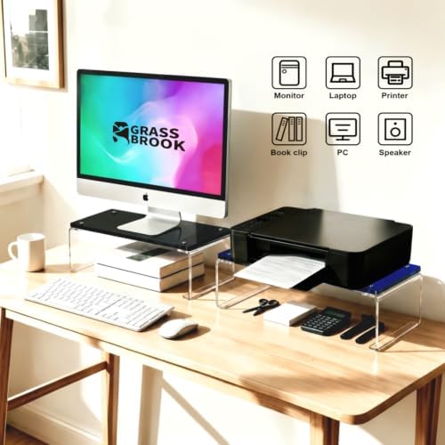 Acrylic Monitor Stand Riser L14" x H5" | Multi-Purpose Desk Organizer for Monitor & Laptop, Compatible with PC, Apple Studio Display and Printer, Ideal for Home Workspaces & Office Desks (Black) - Image 4