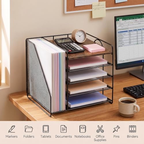 OPNICE Desk Organizer, 5-Tier Paper Organizer Letter Tray, Brown Wood - Image 6