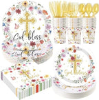 400 Pcs God Bless Flower Baptism Party Decoration Girl for 50, First Communion Confirmation Paper Plates Napkins Cups Cutlery Baptism Tableware for Christening Baby Shower Party Supply by Sunnychicc