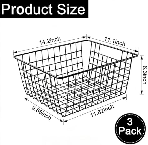 3 Pack Large Wire Baskets, Sturdy Black Wire Basket, Metal Basket for Organizing Kitchen, for Food Pantry Home Office Desk Shelf Bathroom Bedroom (14.2 x 11.1 x 6.3 inch) - Image 2