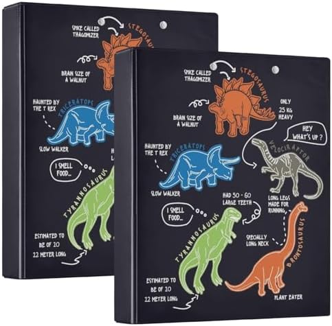 Dinosaur Cartoon Black Decorative 3 Ring Binder 1.5 Inch Large View Binders with Pockets File Organizer for Office College School, 2 Pack by Vozoza