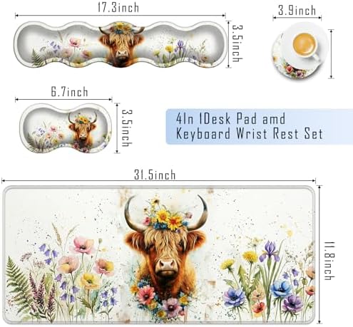TGFEWYTJYJ Extended Gaming Mouse Pad,Memory Foam Ergonomic Keyboard Mouse Wrist Rest Support Set,Large Desk Mat with Stitched Edges,Non-Slip Base Mousepad Home Office,Cute Highland Cow - Image 2