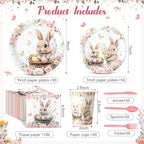 400 Pcs Bunny Birthday Party Decorations for 50 Guests, Pink Floral Bunny Paper Plates and Napkins Cups Cutlery Rabbit Disposable Tableware Set for Spring Baby Shower Birthday Supplies - Image 2