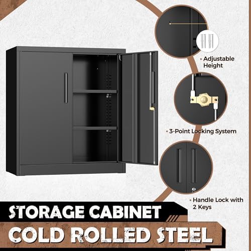INTERGREAT Steel Storage Cabinet with Lock, Lockable Metal Storage Cabinets with 2 Adjustable Shelves, Black Counter Height Garage Cabinet - Image 4