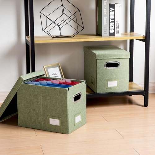 PRANDOM File Organizer Box - Set of 2 Collapsible Decorative Linen Filing Storage Hanging File Folders with Lids Office Cabinet Letter Size Green (14x9.3x10.8 inch) - Image 3
