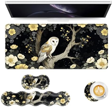 Keyboard Mouse Pad Set, Extended Gaming Mouse Pad+Ergonomics Keyboard Wrist Rest Support, Memory Foam, Easy Typing Pain Relief, 4Pcs XL Ultra Thick Desk Mat,Owl Flower by Vobber