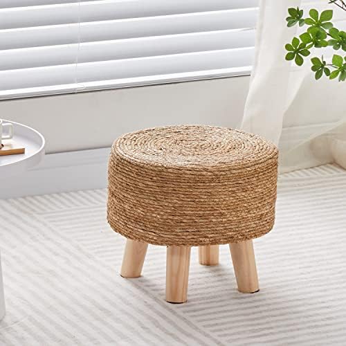Cpintltr Foot Stool Natural Seagrass Hand Weave Poufs Round Ottoman for Couch Desk Soft Step Stool Padded Foot Rest with Non-Skid Pine Legs for Hallway Office Lounge Natural - Image 2