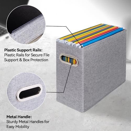 4 Pack Letter Size File Storage Box Collapsible, Fabric Hanging File Folders Organizer, Portable Office Document Holder with Metal Handle, Smooth PVC Rails, Gray - Image 4