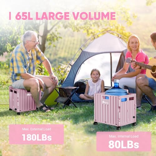 Folding Utility Cart with Lid, Portable Rolling Crate Handcart Collapsible Shopping Trolley, Durable Plastic Foldable Tool Basket with 4 Rotate Wheels for Grocery, Office, Luggage, School - Pink - Image 3