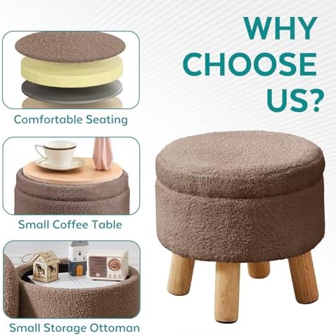 Small Foot Stool Ottoman with Storage, Sherpa Ottoman Foot Rest for Couch, Round Footstool with Storage, Small Ottomans and Footstools for Living Room and Entryway (Brown) - Image 3