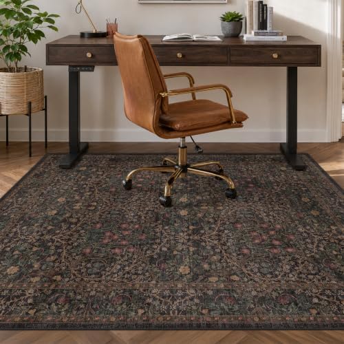 JTJ 5x6 Office Rug, Dark Brown Vintage Floral, Washable Non Slip by JTJ