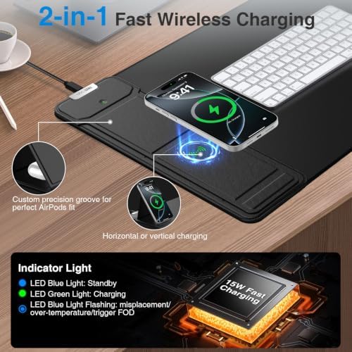 Mouse Pad with Wireless Charging & Foldable Phone Holder, 27.5"x11.8" Black - Image 2