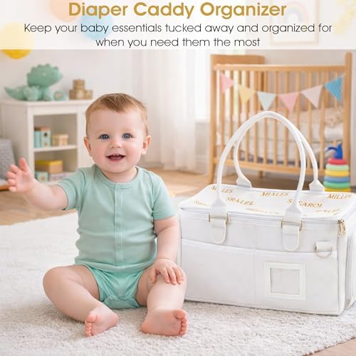 Portable Diaper Caddy, Large 17.1L Nursery Storage Basket with Handle, Baby Essentials Organizer for Changing Table, Travel Use, Light Beige - Image 2