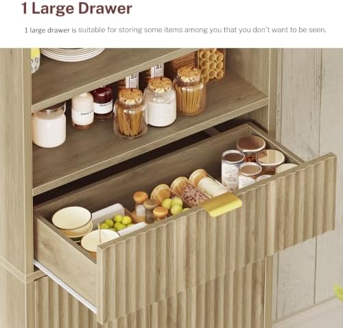 TEENFON Tall Storage Cabinet with Adjustable Shelf & Drawer, Fluted Cabinet with Doors, Kitchen Pantry Cabinets, Bathroom Storage Cabinets, for Living Room, Entryway, Home Office, Natural - Image 5