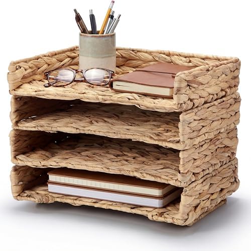 Yeaqee 4 Pcs Stackable Water Hyacinth Letter Tray, 13.4 x 10 x 2.4 Inch by Yeaqee