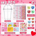 Pasimy 32 Set Valentine's Day Stationery Gift Valentine Classroom Exchange Gifts Include Cups Cards Pencils Stickers Erasers Stampers Sharpeners for Boy and Girl Prize Party Favor(Food) - Image 2