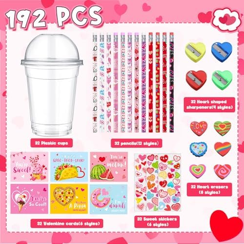 Pasimy 32 Set Valentine's Day Stationery Gift Valentine Classroom Exchange Gifts Include Cups Cards Pencils Stickers Erasers Stampers Sharpeners for Boy and Girl Prize Party Favor(Food) - Image 2