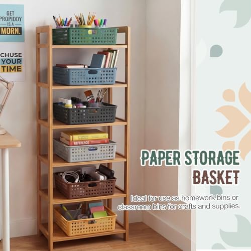 Geetery 6 Pack Classroom Storage Baskets with Handle 14''x10'' Paper Tray Holds A4 Turn in Trays Plastic Paper Baskets Desk Organizer Bin for Classroom, Library, Office, Home (Cottage Color) - Image 6