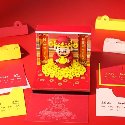 3D Art Calendar 2026,God of Wealth Time Piece Calendar 3D Memo Pad Creative Rip Away Paper Carving DIY Note - Image 3
