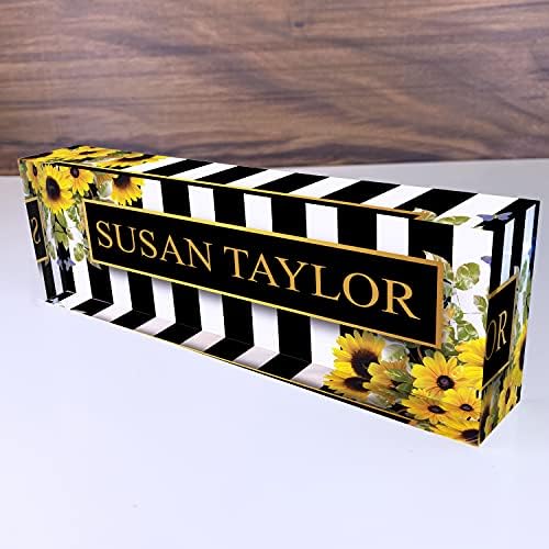 Artblox Office Desk Name Plate Personalized | Custom Name Plates on Acrylic Glass Decor | Office Desk Decor - Sunflowers Design - (8"x2.5") by Artblox